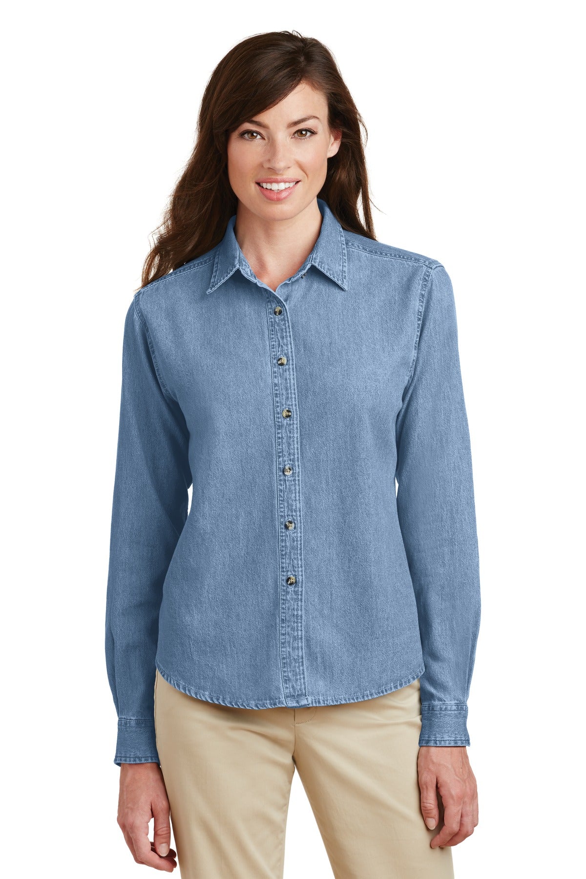 Front View of Faded Blue Port & Company Women's Long Sleeve Value Denim Shirt. LSP10