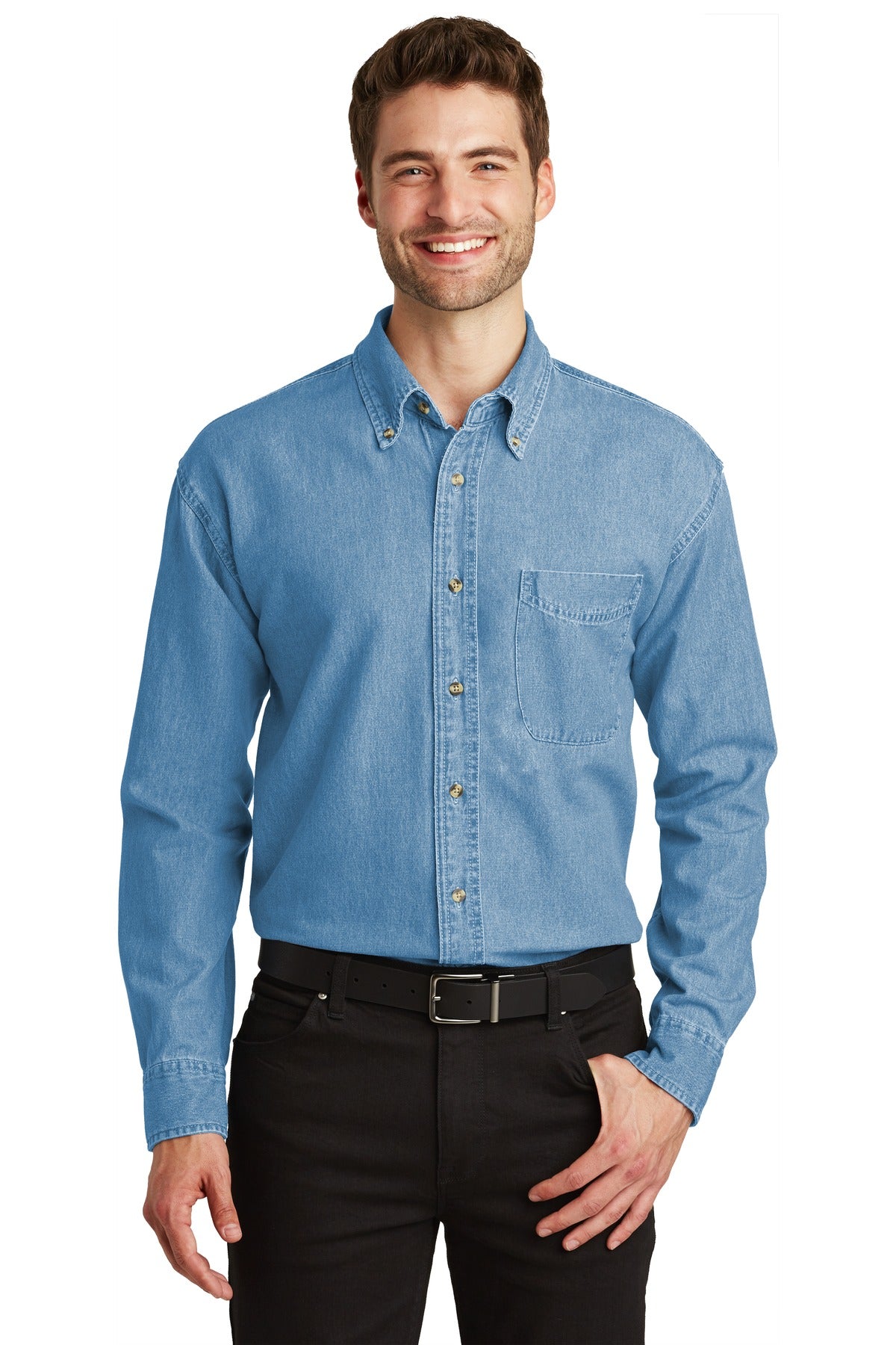 Front View of Faded Denim Port Authority Long Sleeve Denim Shirt. S600