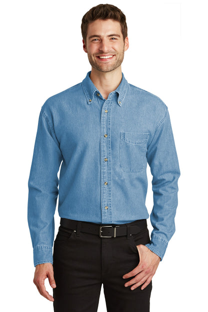 Front View of Faded Denim Port Authority Long Sleeve Denim Shirt. S600