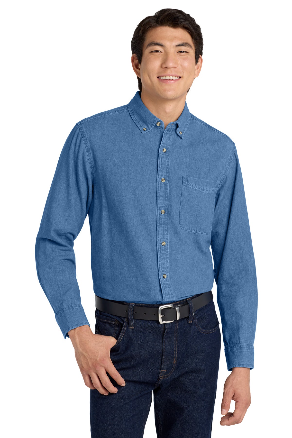 Front View of Faded Denim Port Authority Tall Long Sleeve Denim Shirt. TLS600
