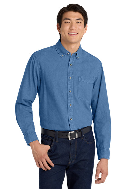 Front View of Faded Denim Port Authority Tall Long Sleeve Denim Shirt. TLS600