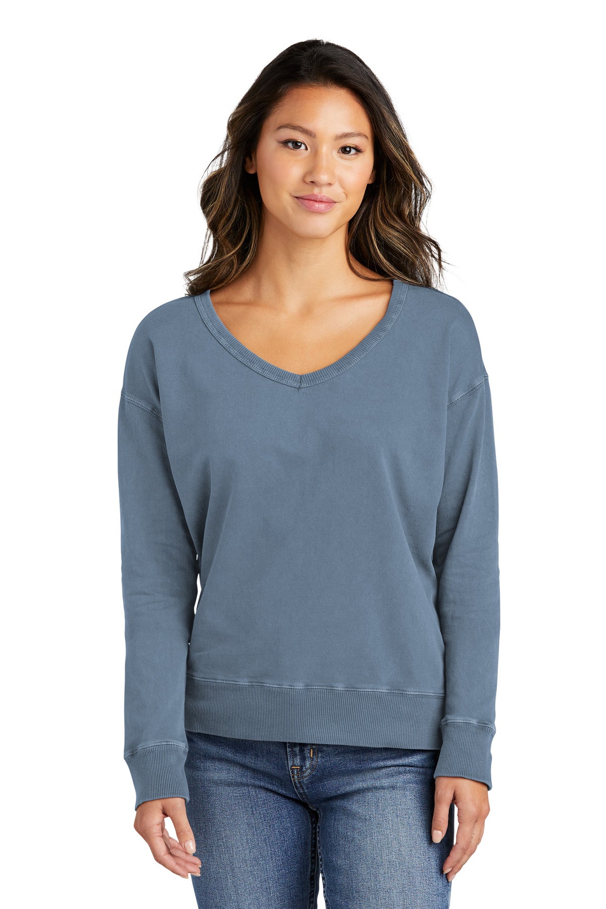 Front View of FadedDenim Port & Company Women's Beach Wash Garment-Dyed V-Neck Sweatshirt LPC098V