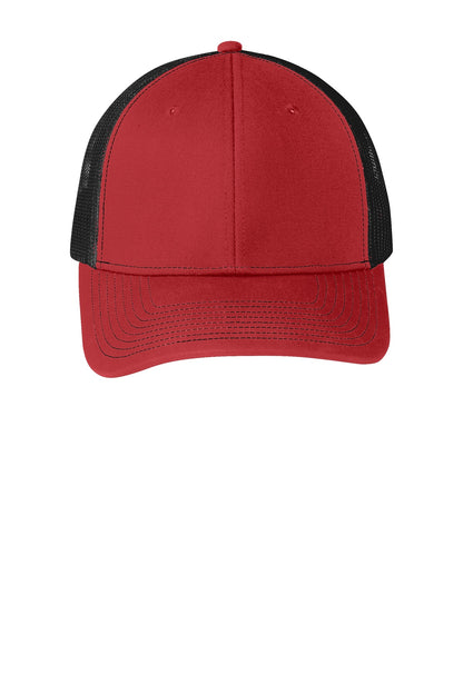 Front View of Flame Red/Blk Port Authority Snapback Trucker Cap. C112