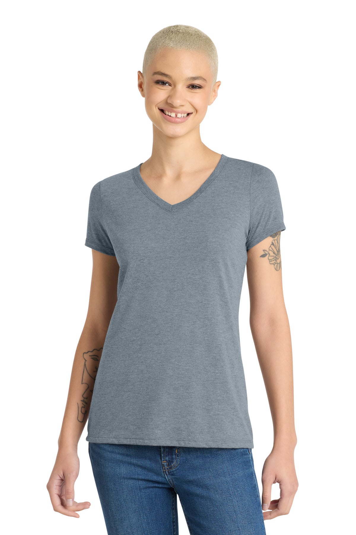 Front View of FlntBluHtr District Women's Perfect Tri V-Neck Tee. DM1350L