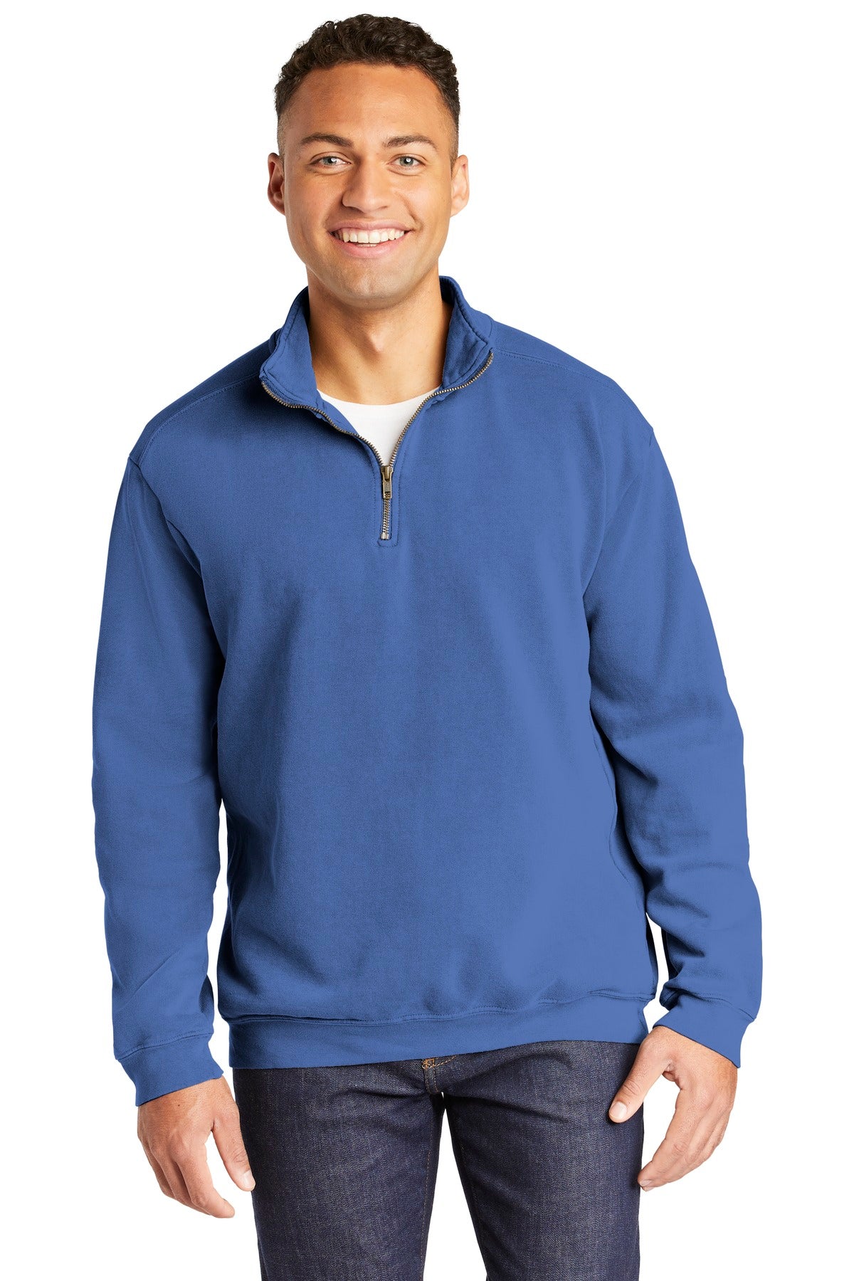 Front View of Flo Blue COMFORT COLORS Ring Spun 1/4-Zip Sweatshirt. 1580