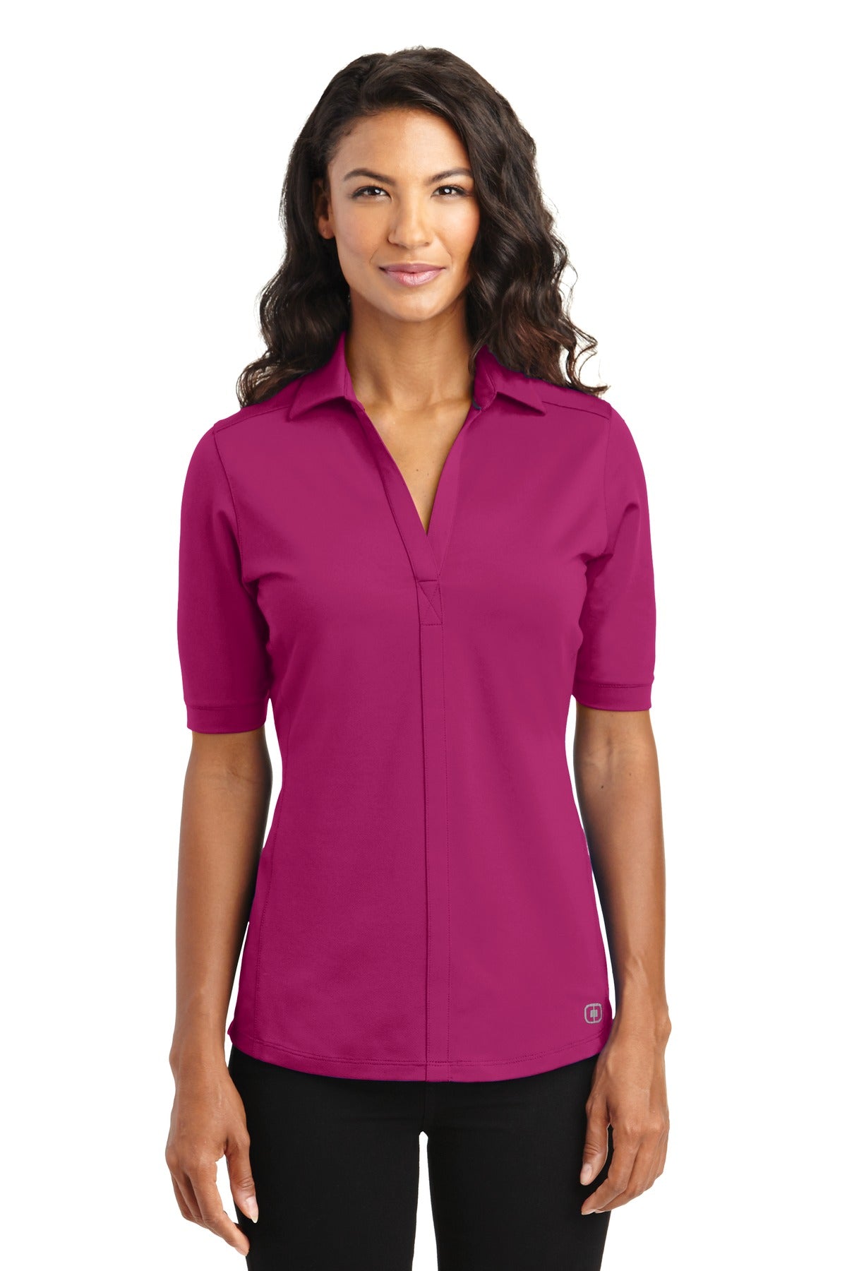 Front View of Flush Pink OGIO Women's Metro Polo. LOG130
