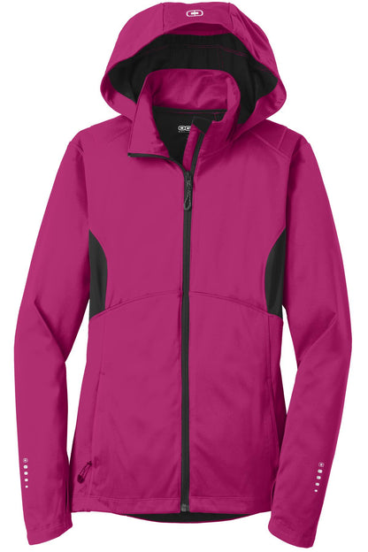 Front View of Flush Pnk/Bktp OGIO Women's Pivot Soft Shell. LOE721