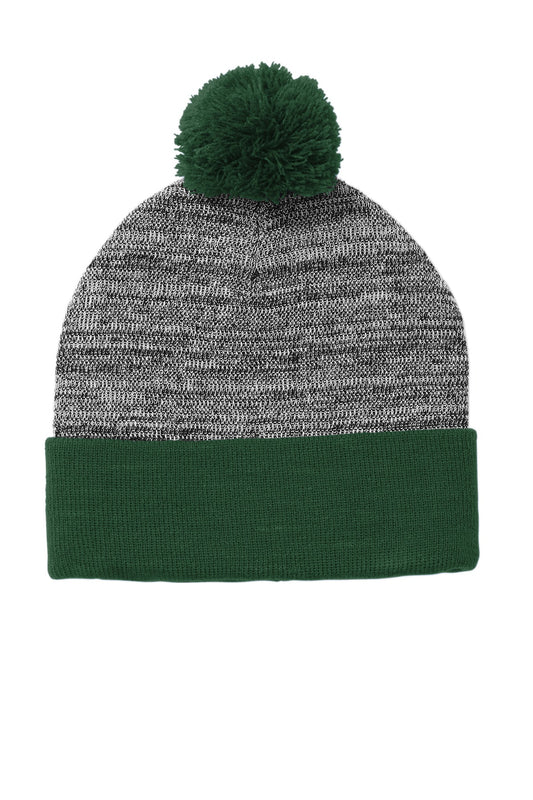 Front View of For Grn/Gry He Sport-Tek Heather Pom Pom Beanie STC41