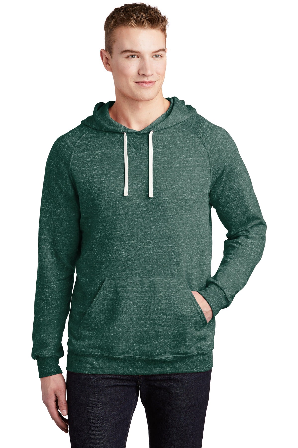 Front View of Forest Green Jerzees Snow Heather French Terry Raglan Hoodie 90M