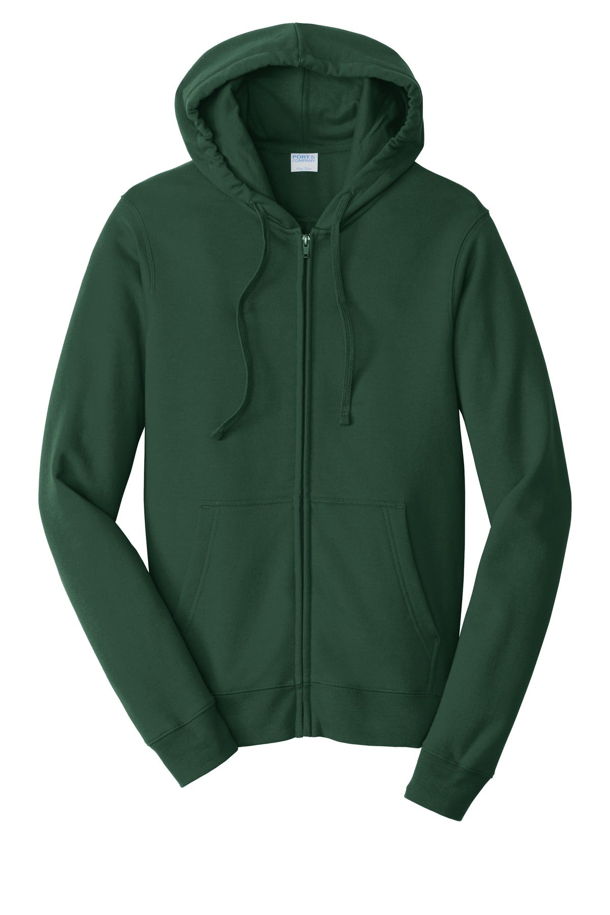 Front View of Forest Green Port & Company Fan Favorite Fleece Full-Zip Hooded Sweatshirt. PC850ZH