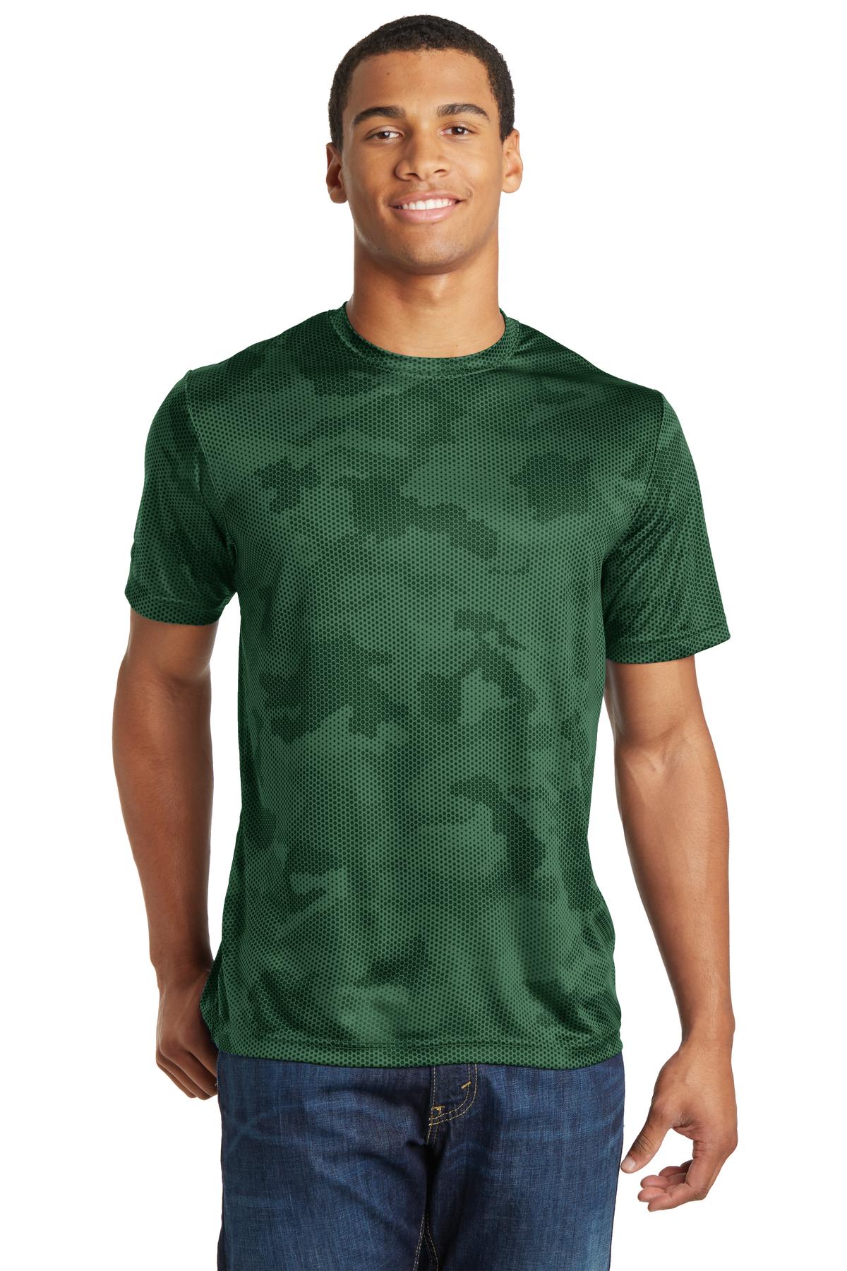 Front View of Forest Green Sport-Tek CamoHex Tee. ST370
