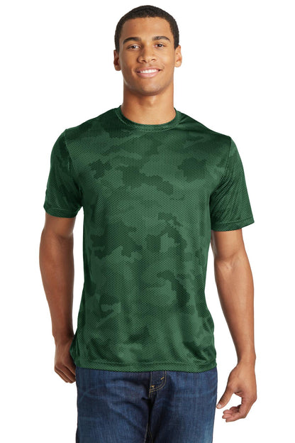 Front View of Forest Green Sport-Tek CamoHex Tee. ST370