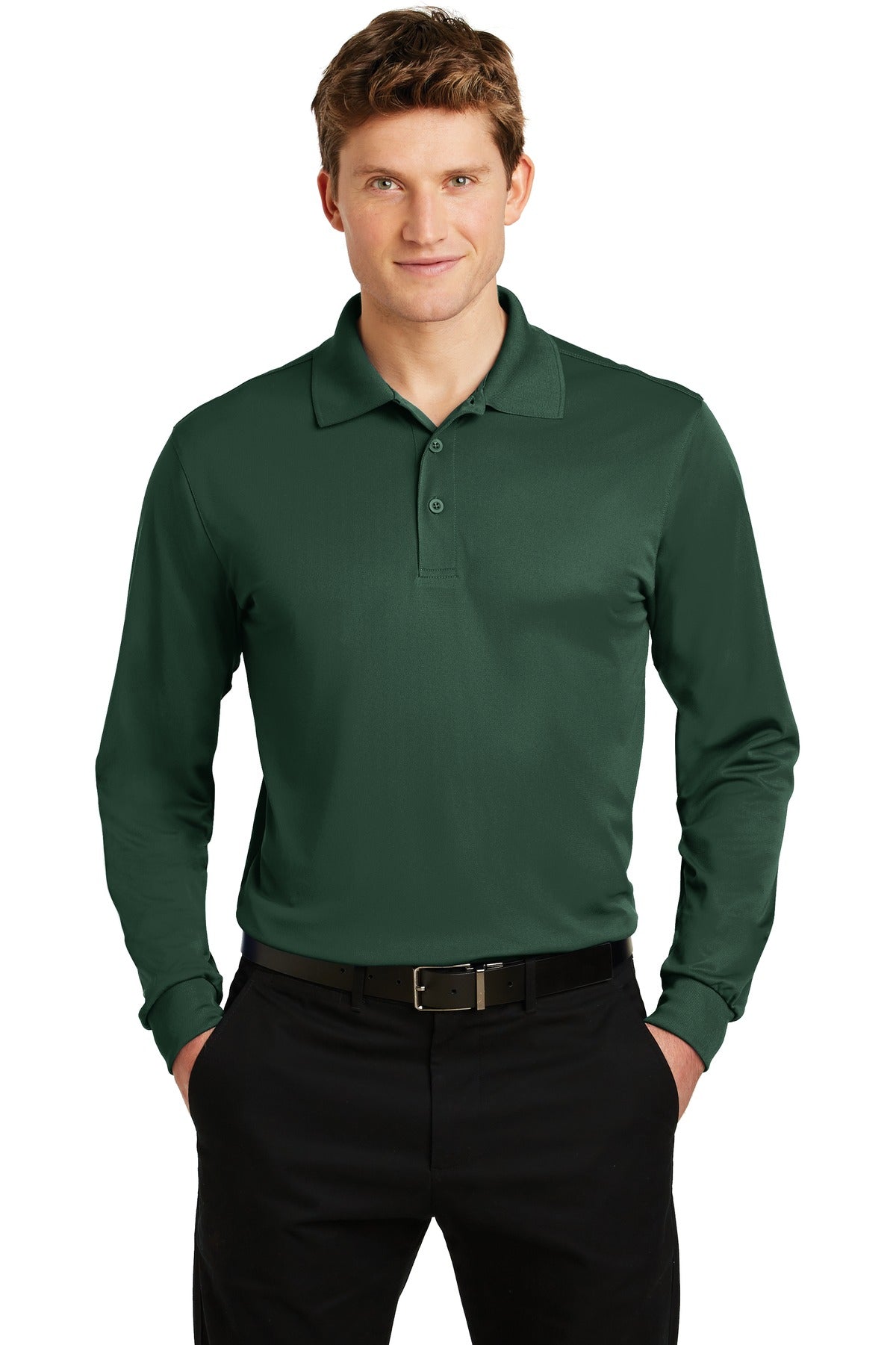 Front View of Forest Green Sport-Tek Long Sleeve Micropique Sport-Wick Polo. ST657