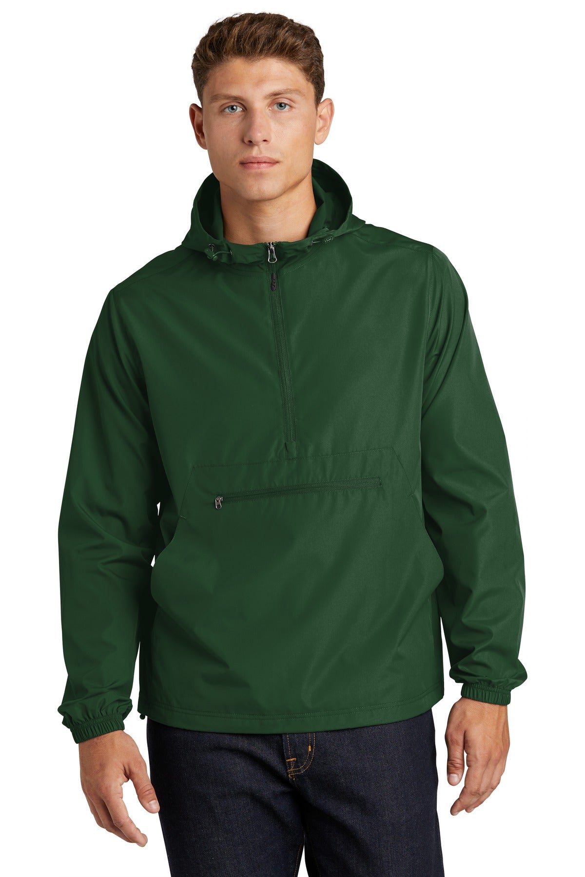 Front View of Forest Green Sport-Tek Packable Anorak. JST66
