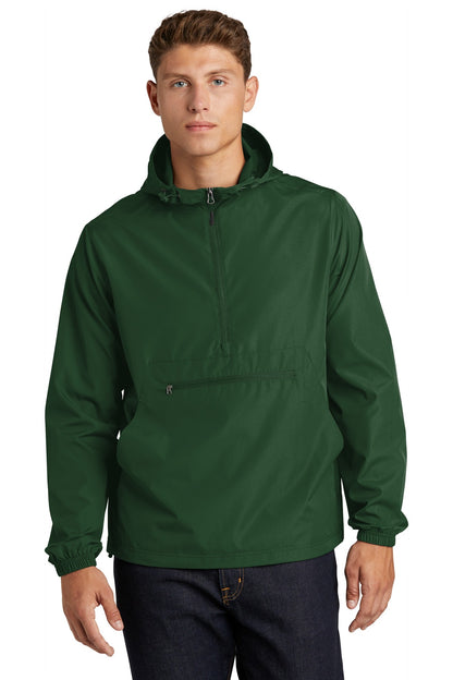 Front View of Forest Green Sport-Tek Packable Anorak. JST66