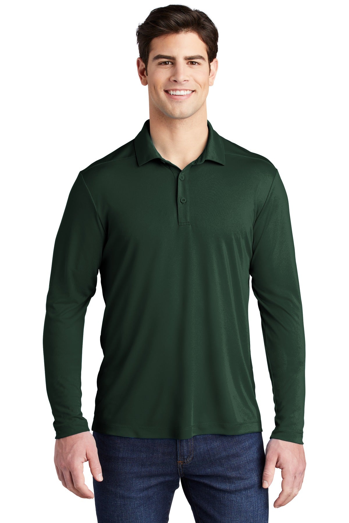 Front View of Forest Green Sport-Tek Posi-UV Pro Long Sleeve Polo. ST520LS