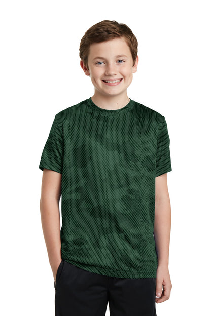 Front View of Forest Green Sport-Tek Youth CamoHex Tee. YST370