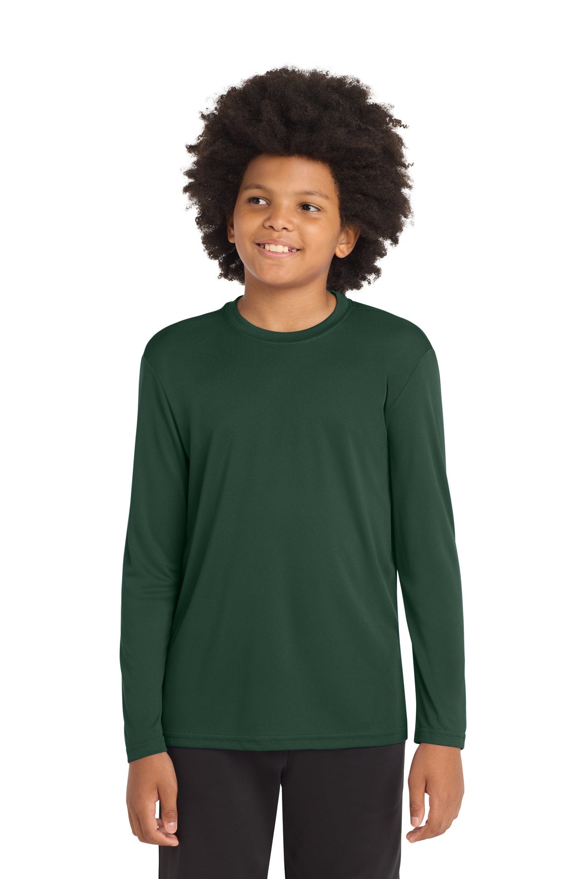 Front View of Forest Green Sport-Tek Youth Long Sleeve PosiCharge Competitor Tee. YST350LS