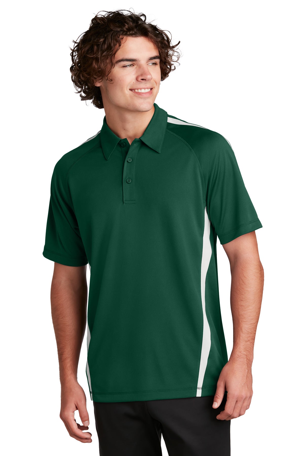 Front View of Forest Grn/Wht Sport-Tek PosiCharge Micro-Mesh Colorblock Polo. ST685