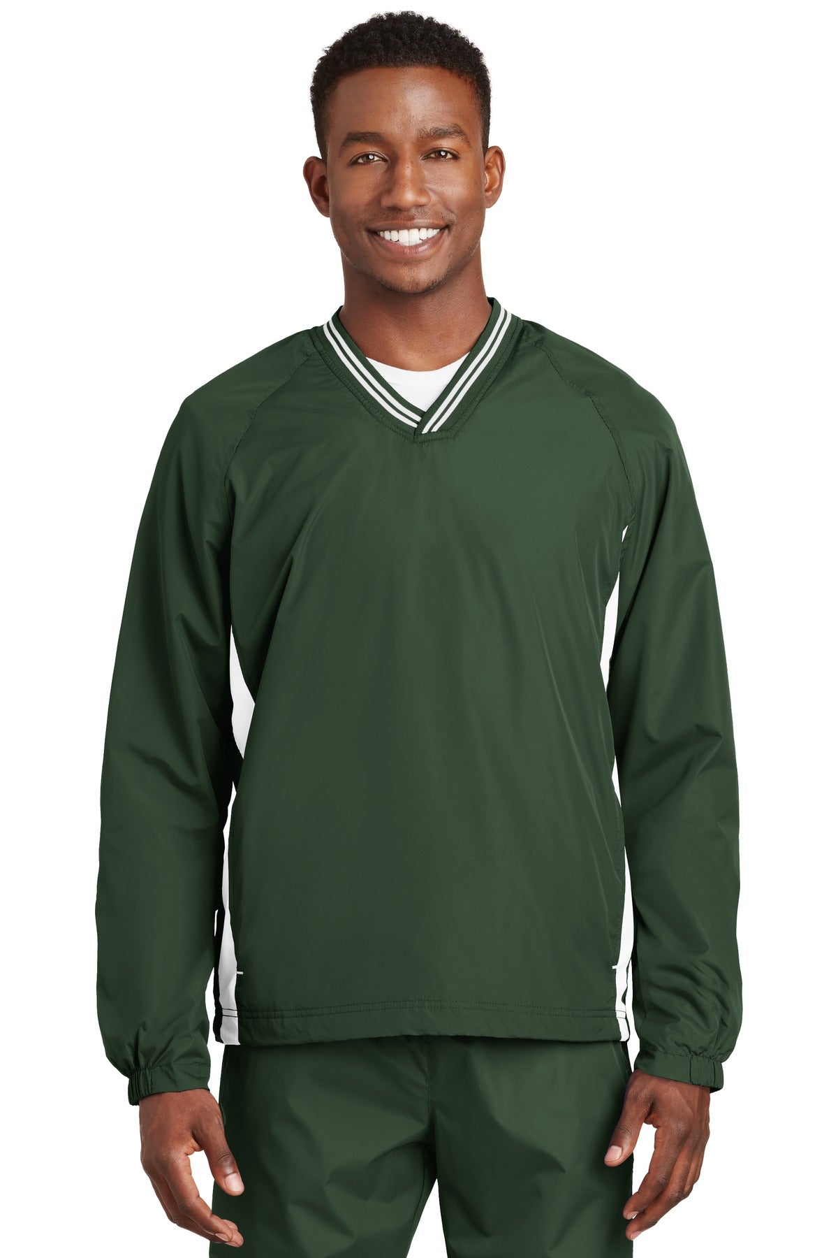 Front View of Forest Grn/Wht Sport-Tek Tipped V-Neck Raglan Wind Shirt. JST62