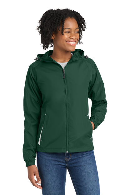 Front View of Forest Grn/Wht Sport-Tek Women's Colorblock Hooded Raglan Jacket. LST76