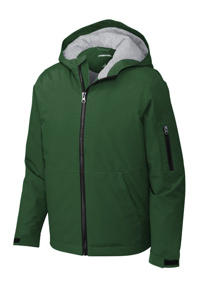 Front View of ForestGrn Sport-Tek Youth Waterproof Insulated Jacket YST56