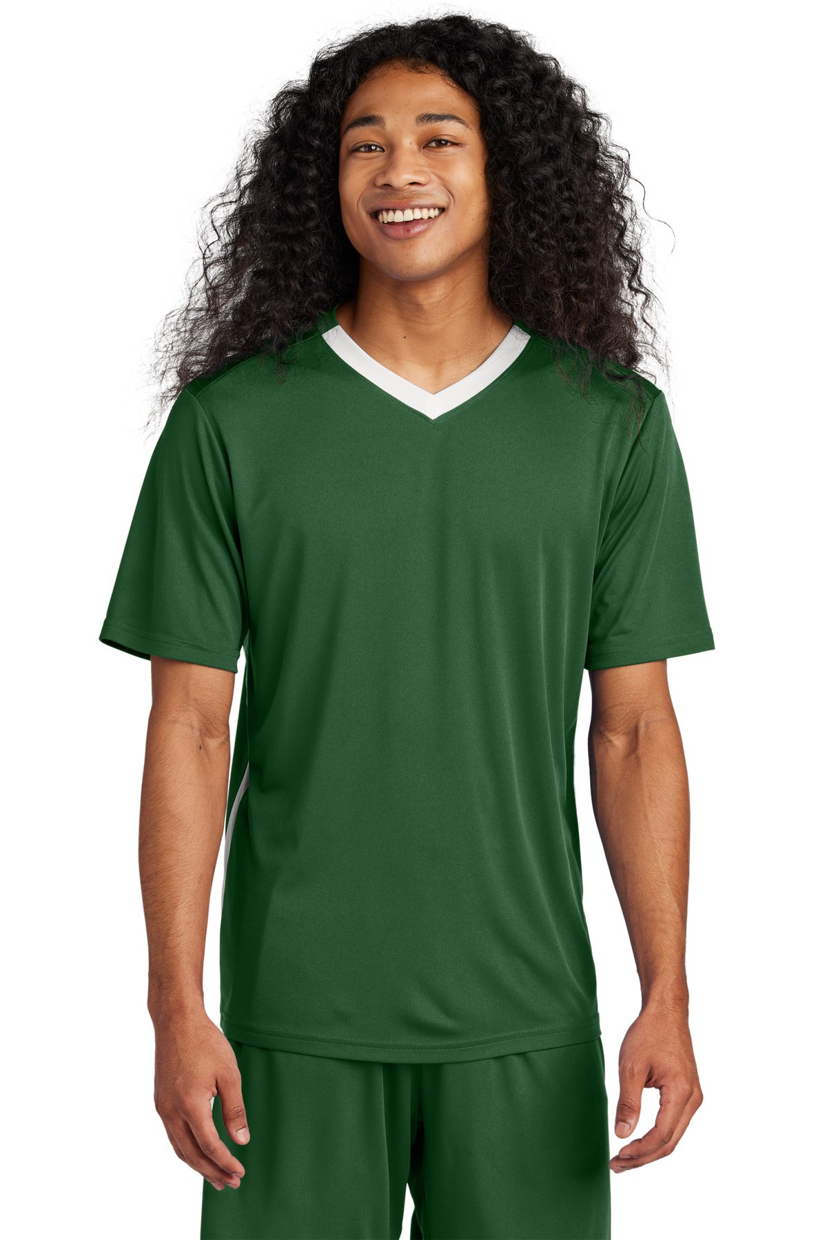 Front View of FrGn/White Sport-Tek Competitor United V-Neck ST101