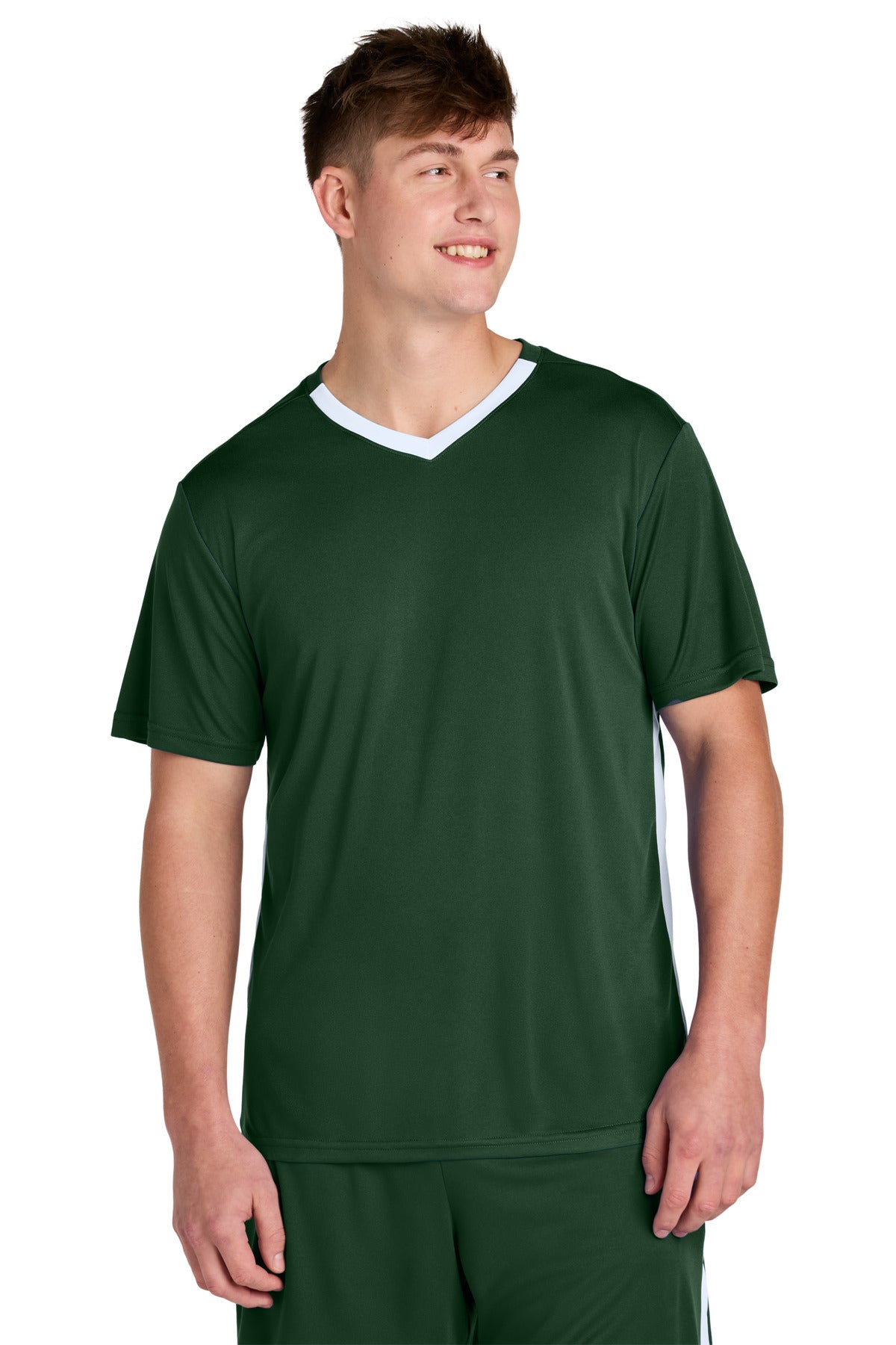 Front View of FrGn/White Sport-Tek Competitor United V-Neck ST101