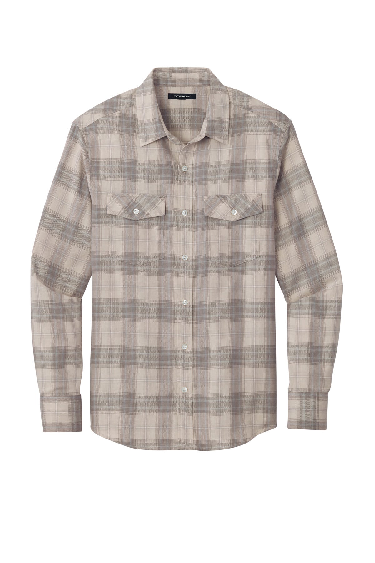 Front View of FrostGrey Port Authority Long Sleeve Ombre Plaid Shirt W672