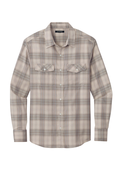 Front View of FrostGrey Port Authority Long Sleeve Ombre Plaid Shirt W672