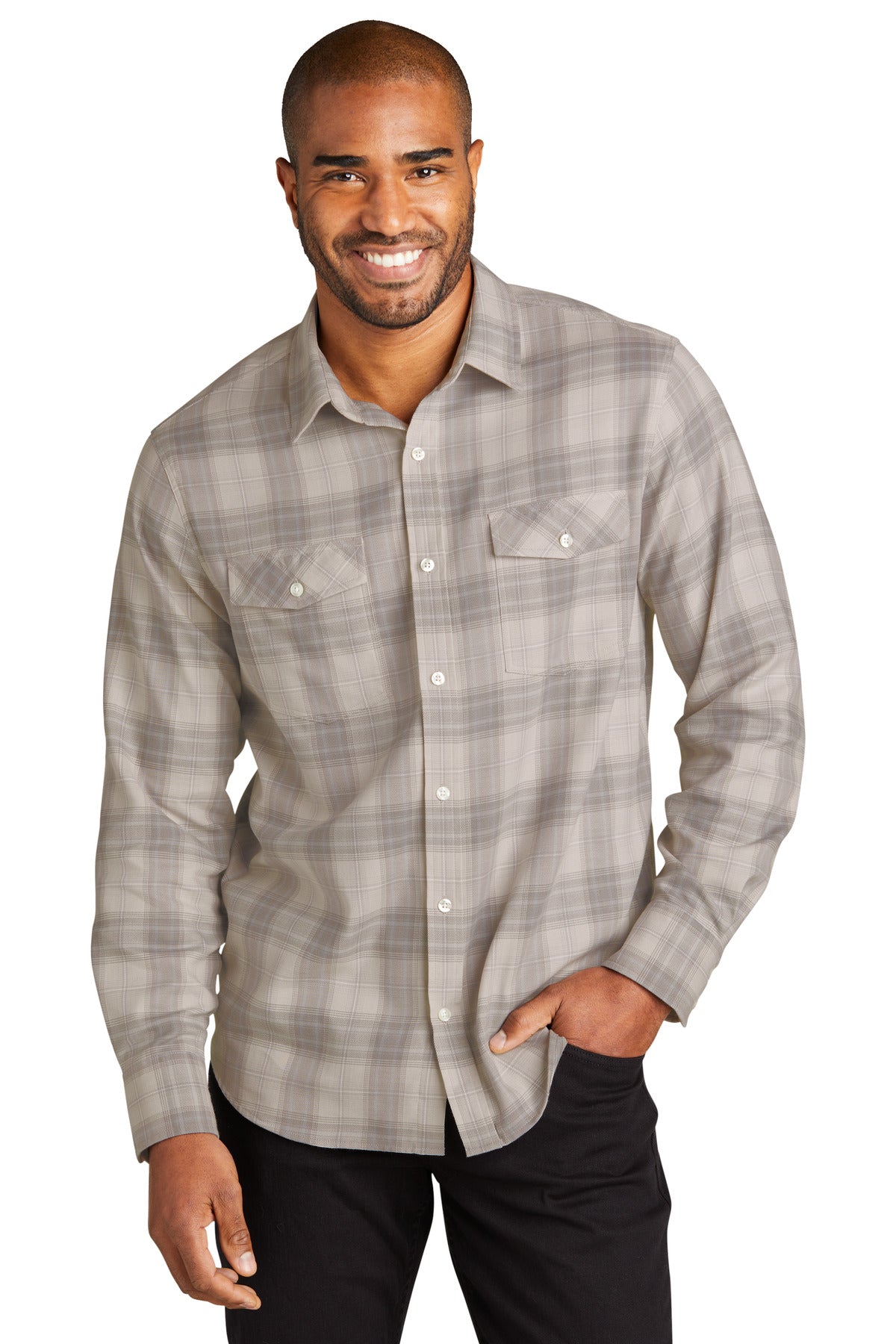 Front View of FrostGrey Port Authority Long Sleeve Ombre Plaid Shirt W672