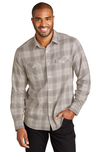 Front View of FrostGrey Port Authority Long Sleeve Ombre Plaid Shirt W672