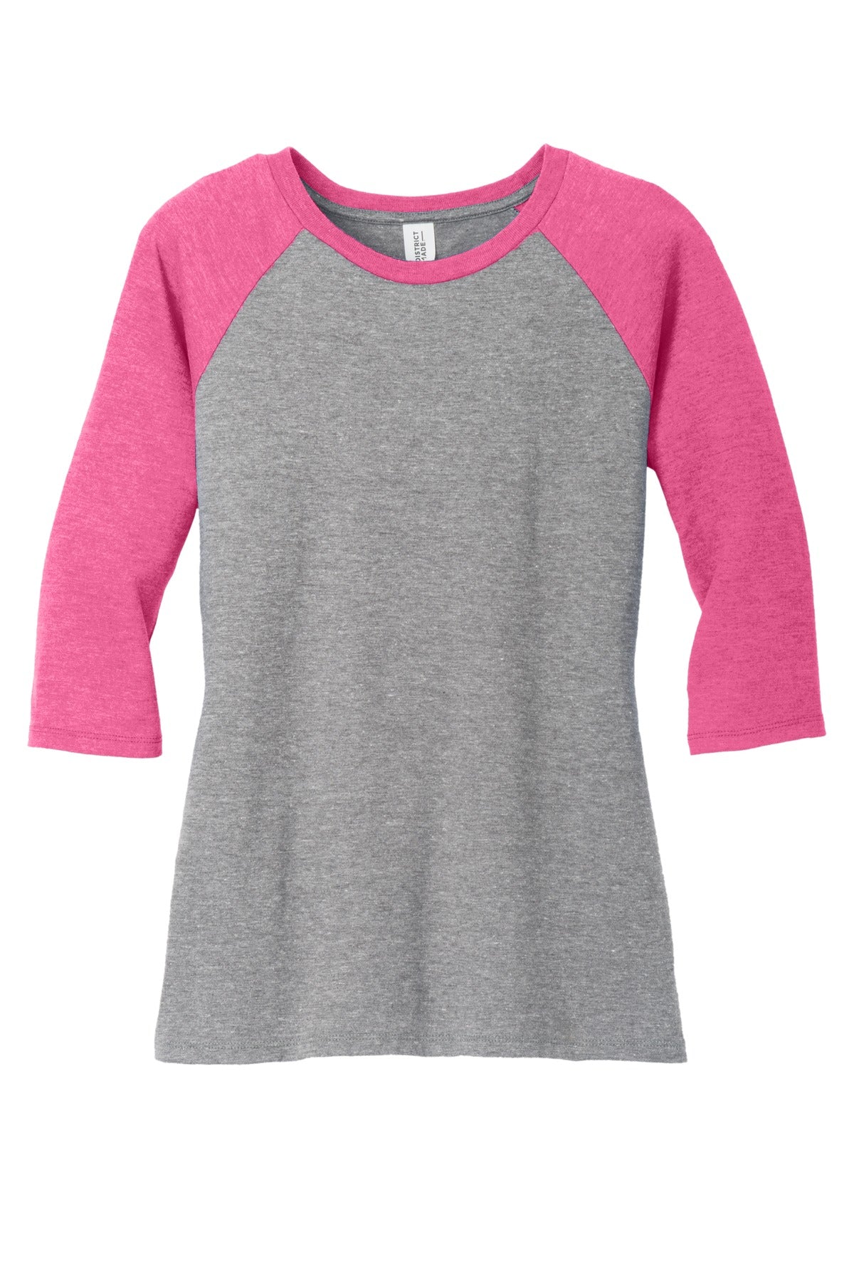 Front View of Fuchsia Fr/GyF District Women's Perfect Tri 3/4-Sleeve Raglan. DM136L