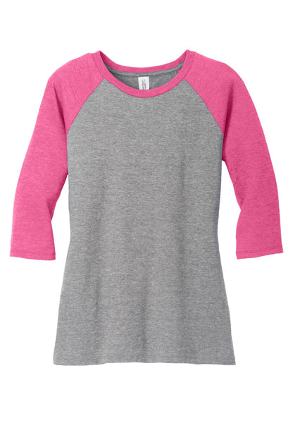 Front View of Fuchsia Fr/GyF District Women's Perfect Tri 3/4-Sleeve Raglan. DM136L