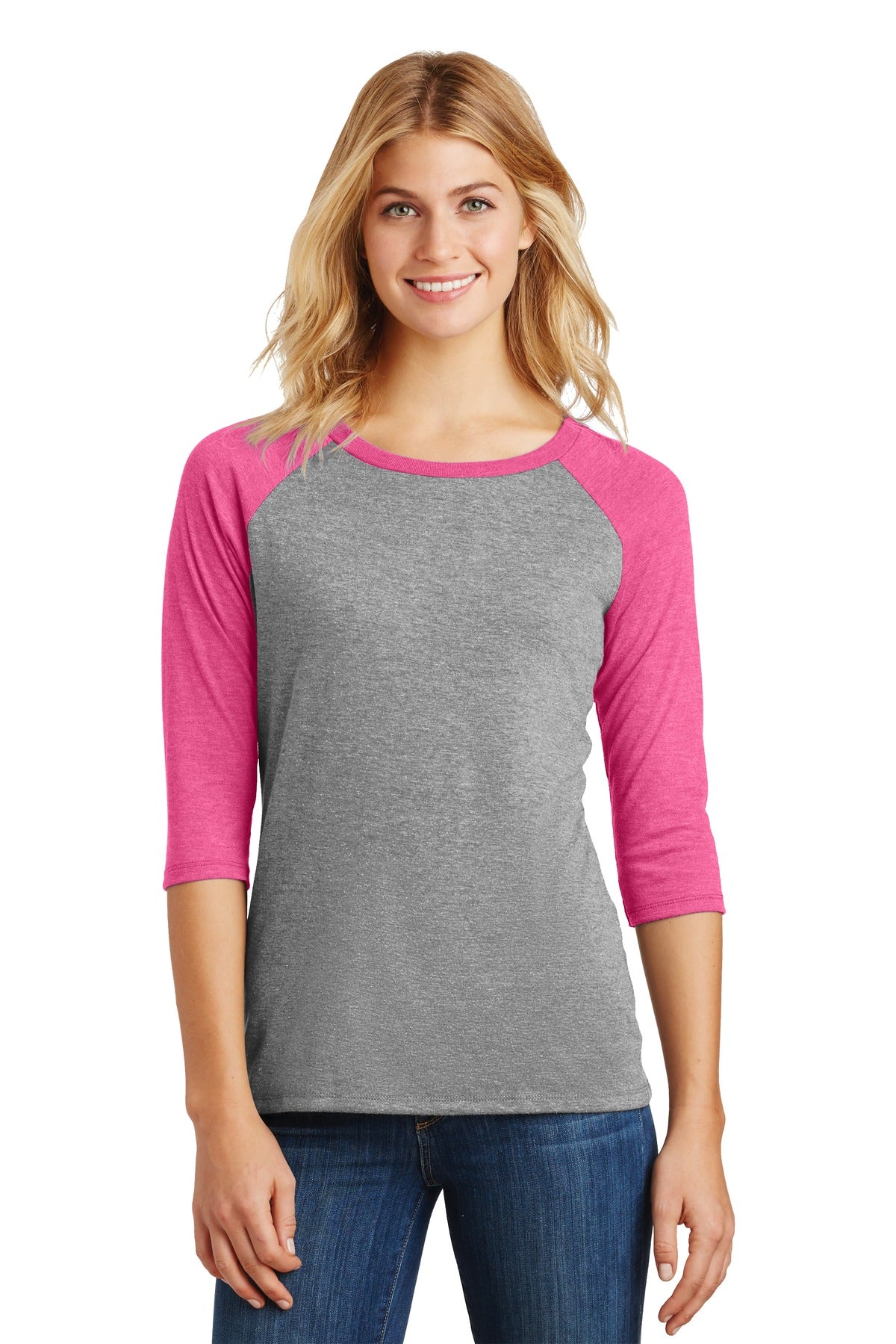 Front View of Fuchsia Fr/GyF District Women's Perfect Tri 3/4-Sleeve Raglan. DM136L