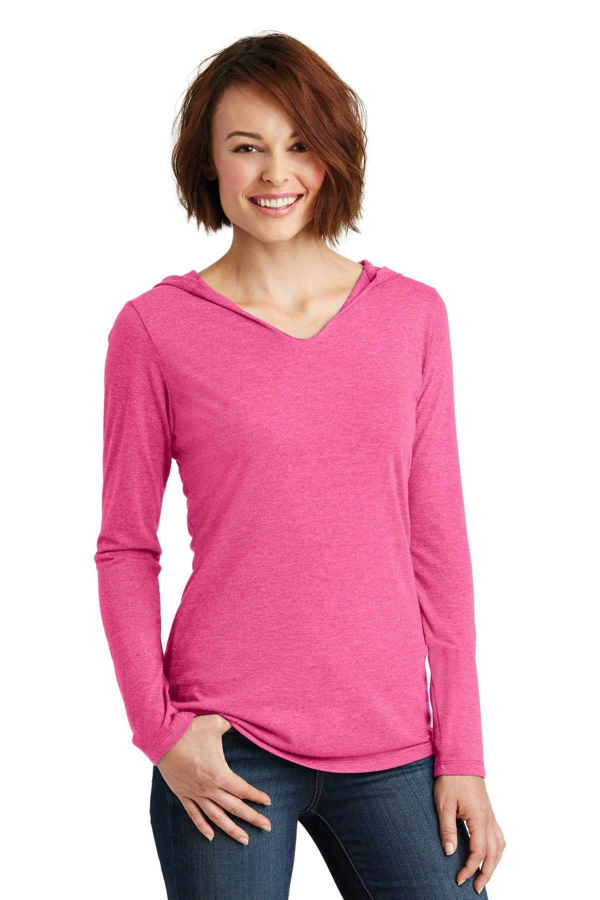 Front View of Fuchsia Frost District Women's Perfect Tri Long Sleeve Hoodie. DM139L