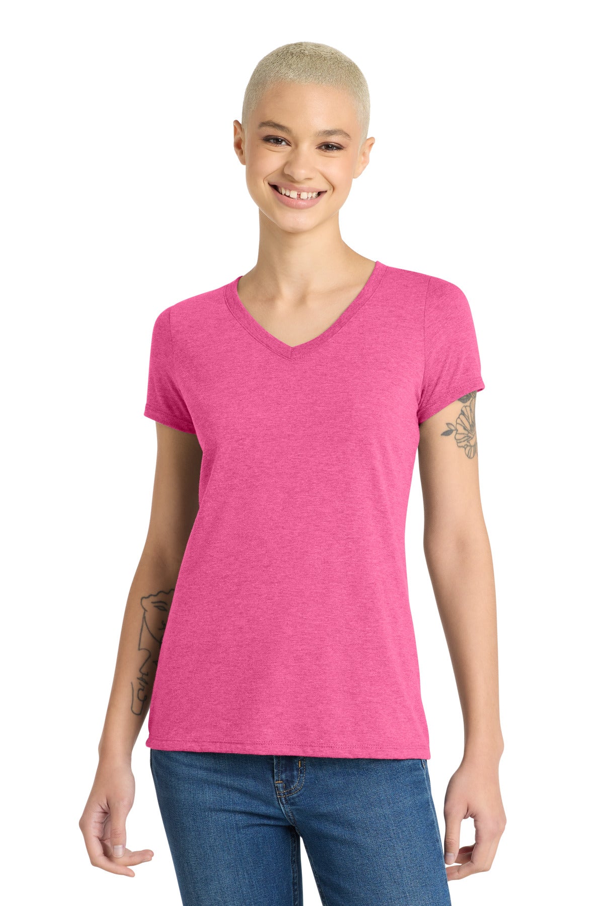 Front View of Fuchsia Frost District Women's Perfect Tri V-Neck Tee. DM1350L