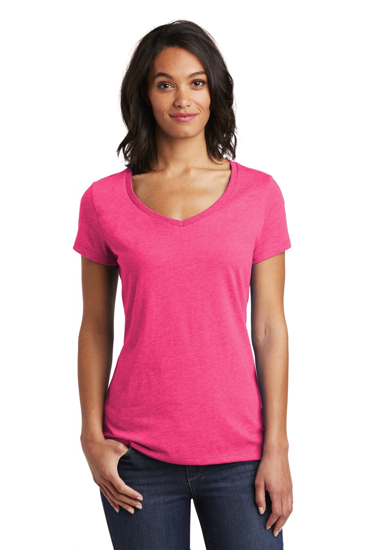 Front View of Fuchsia Frost District Women's Very Important Tee V-Neck. DT6503