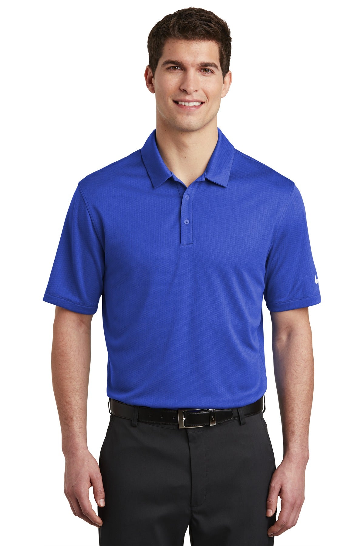 Front View of Game Royal Nike Dri-FIT Hex Textured Polo. NKAH6266