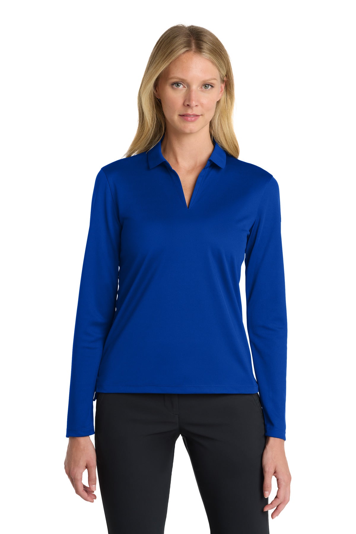 Front View of GameRoyal Nike Women's Dri-FIT Micro Pique 2.0 Long Sleeve Polo NKDC2105