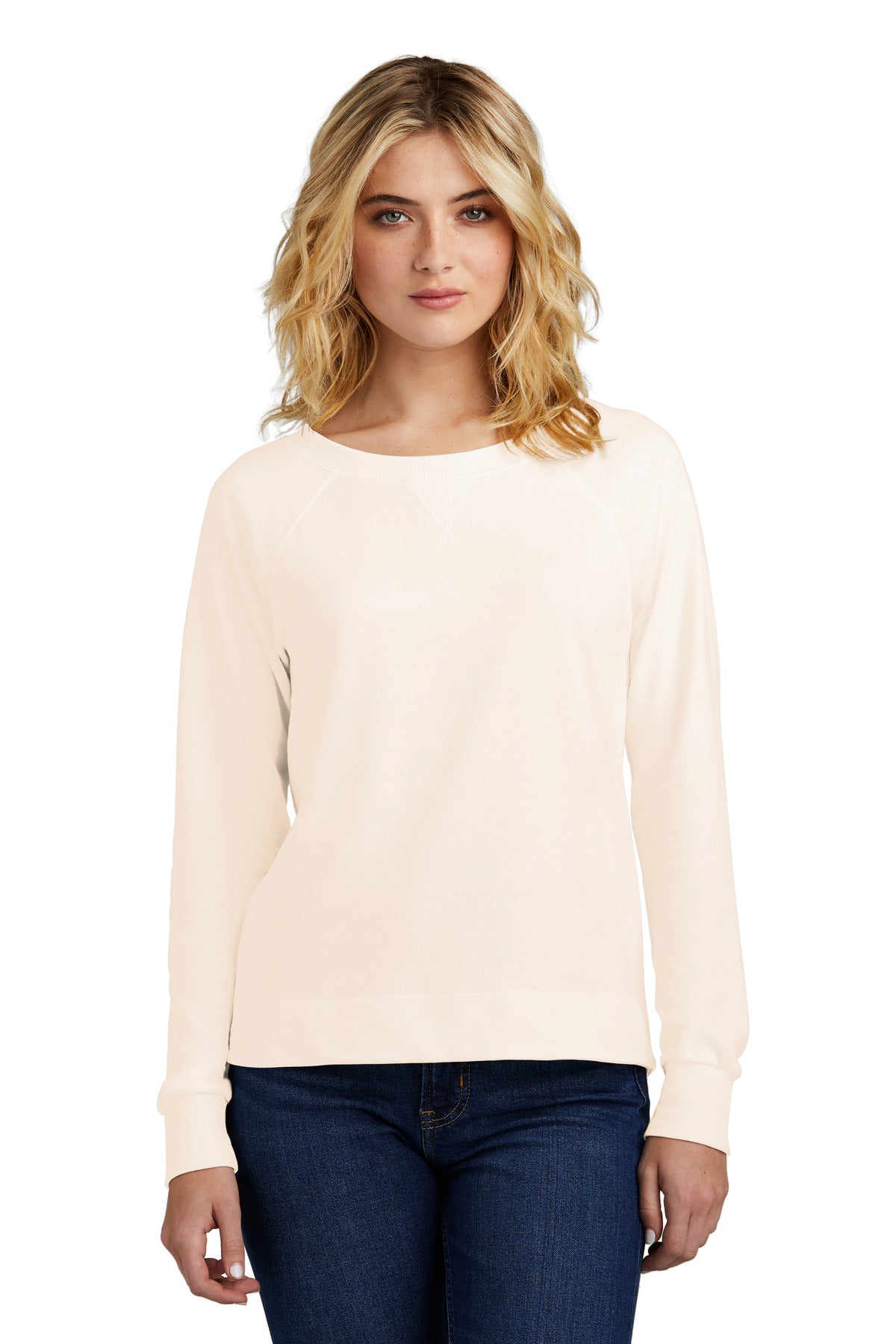 Front View of Gardenia District Women's Featherweight French Terry Long Sleeve Crewneck DT672