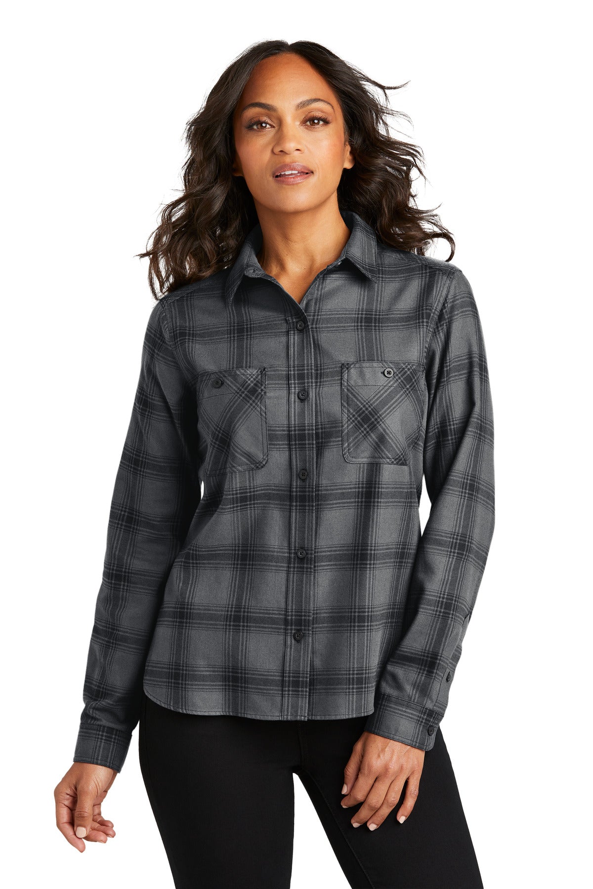Front View of G/BkOpnPld Port Authority Women's Plaid Flannel Shirt LW669