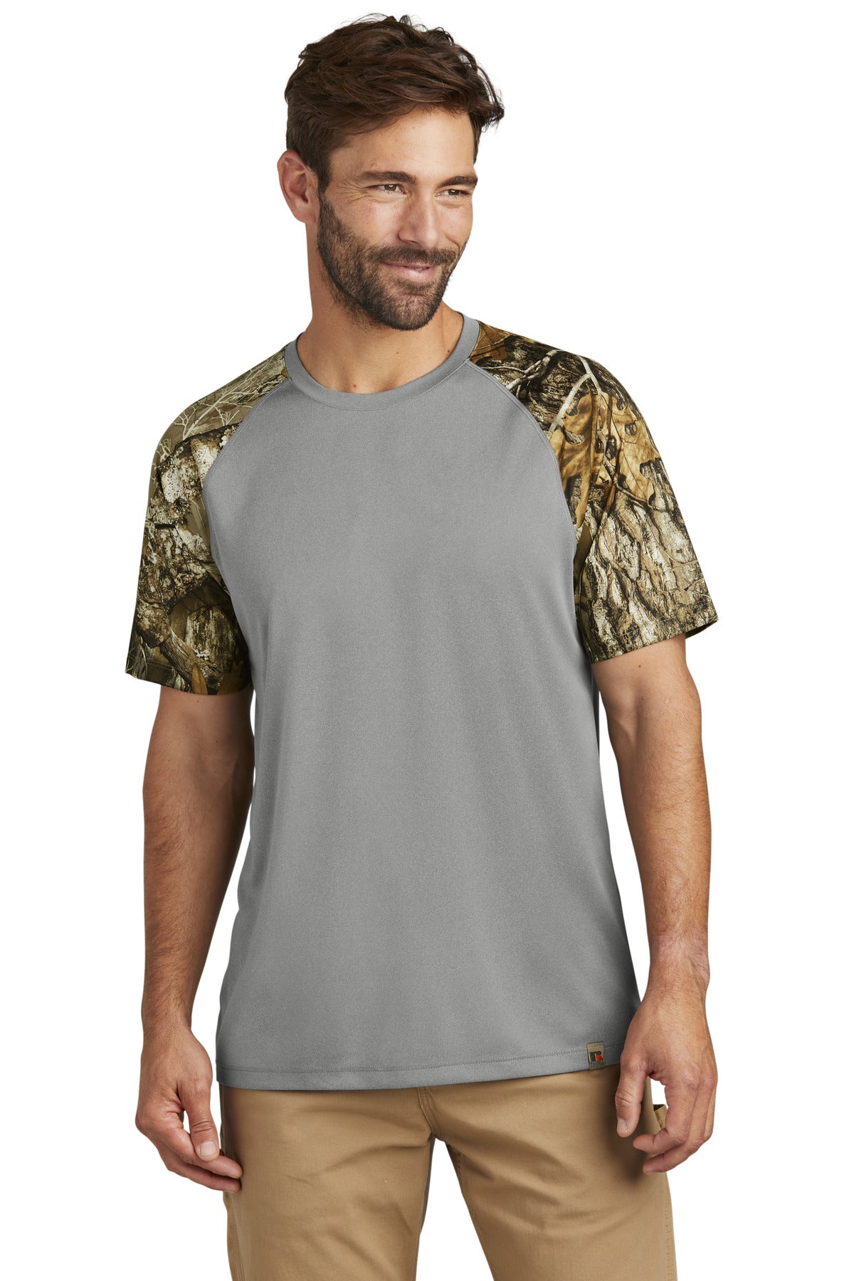 Front View of GConH/RTEd Russell Outdoors Realtree Colorblock Performance Tee RU151