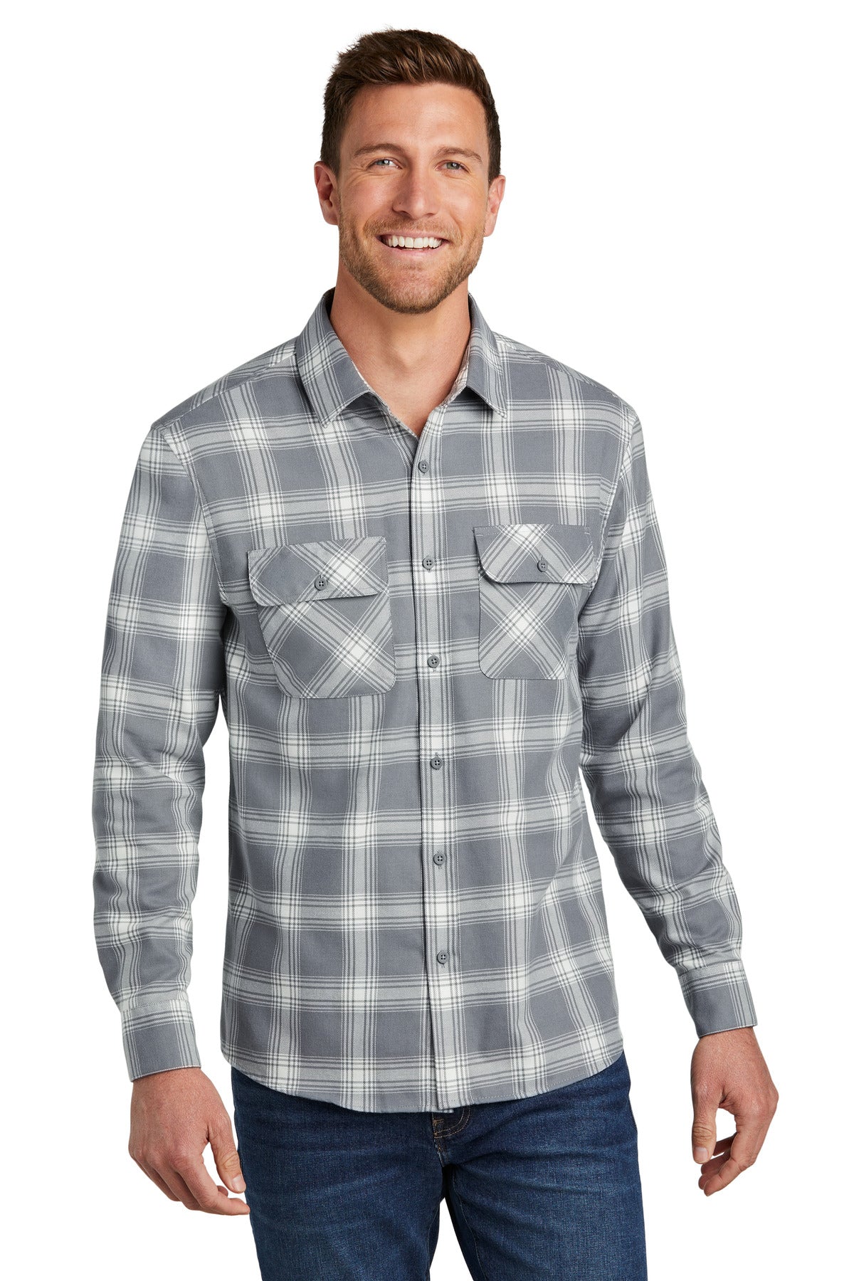 Front View of G/CrOpnPld Port Authority Plaid Flannel Shirt. W668