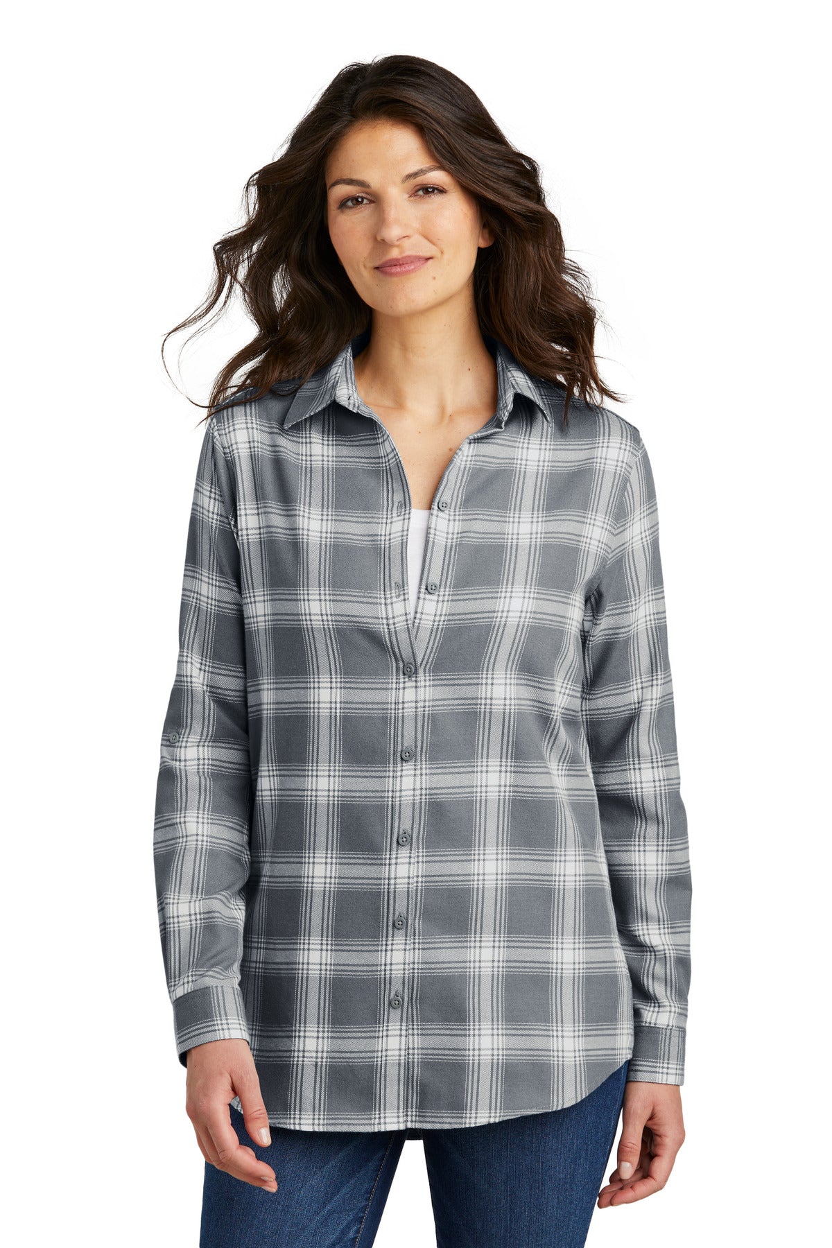 Front View of G/CrOpnPld Port Authority Women's Plaid Flannel Tunic . LW668