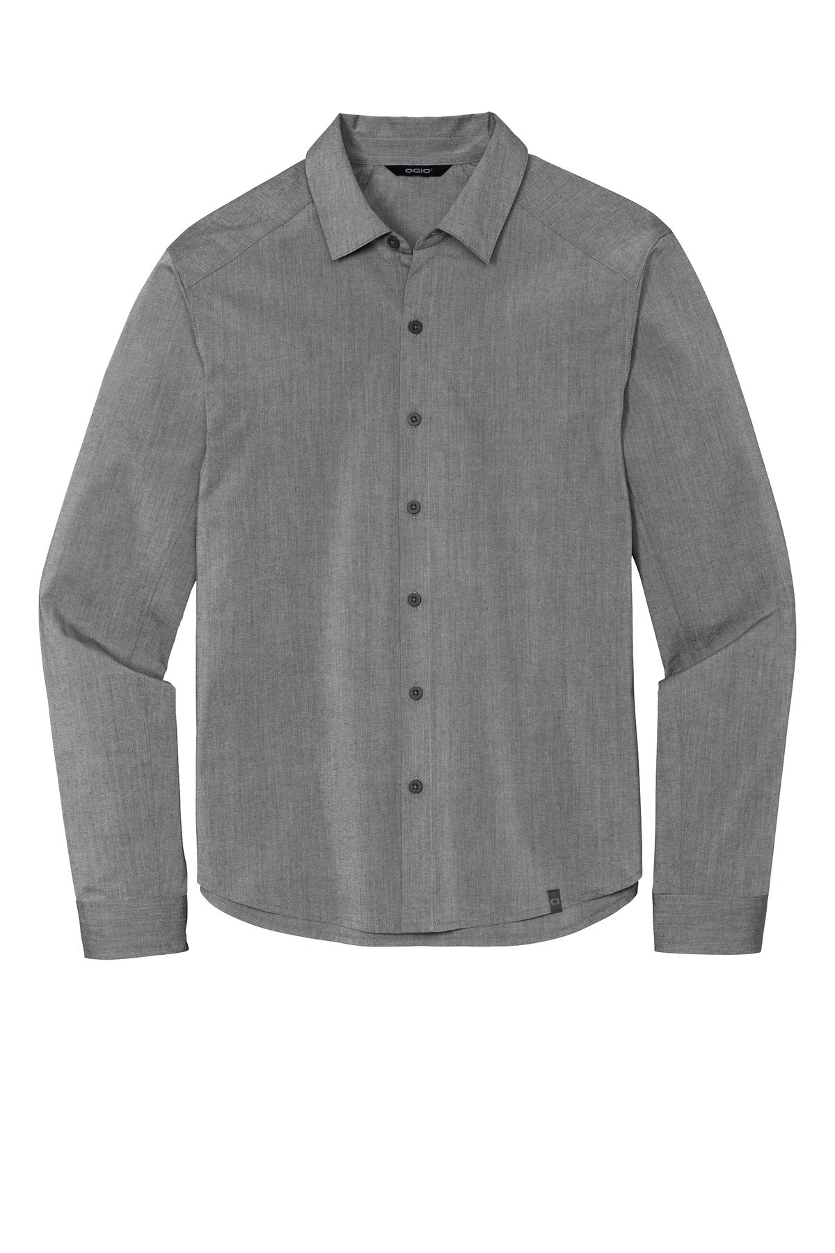 Front View of Gear Grey Hthr OGIO Commuter Woven Shirt. OG1002