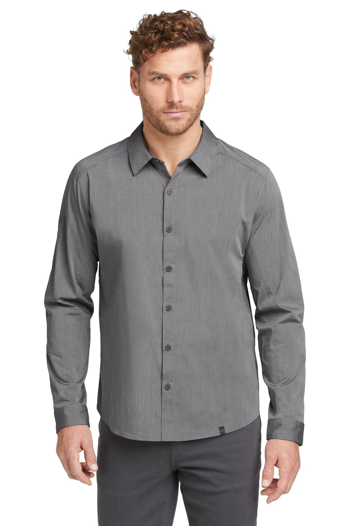 Front View of Gear Grey Hthr OGIO Commuter Woven Shirt. OG1002