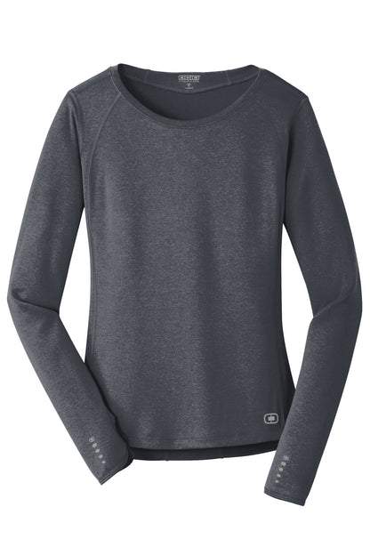 Front View of Gear Grey OGIO Women's Long Sleeve Pulse Crew. LOE321