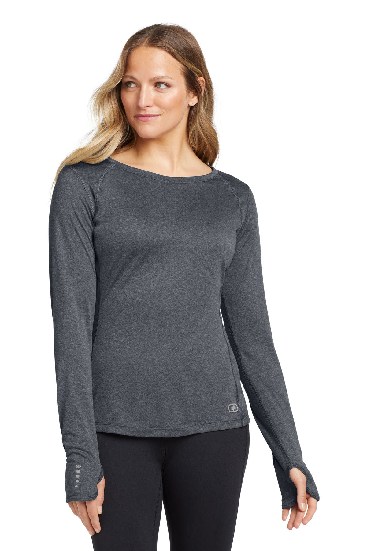 Front View of Gear Grey OGIO Women's Long Sleeve Pulse Crew. LOE321