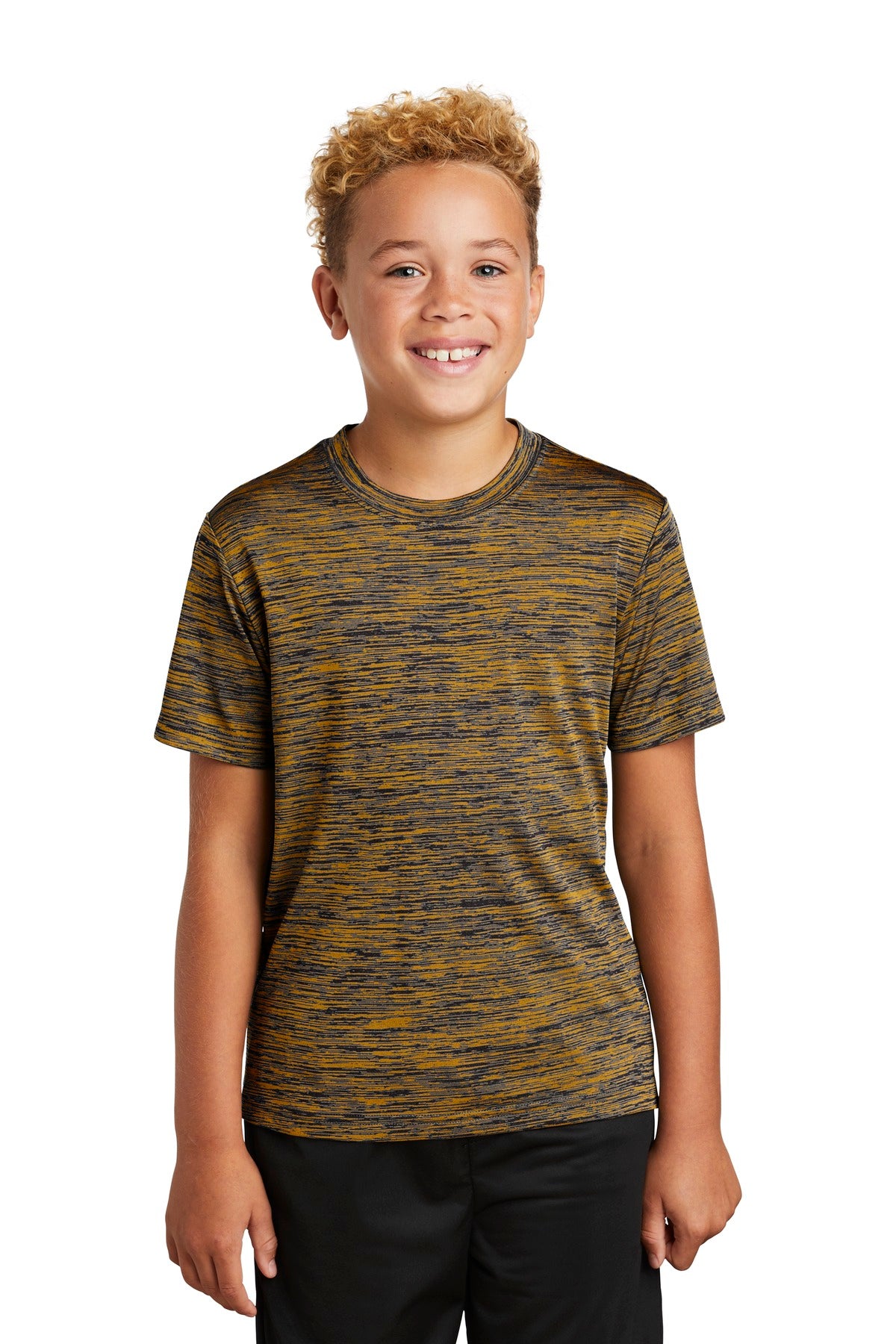 Front View of Gold-Black Ele Sport-Tek Youth PosiCharge Electric Heather Tee. YST390